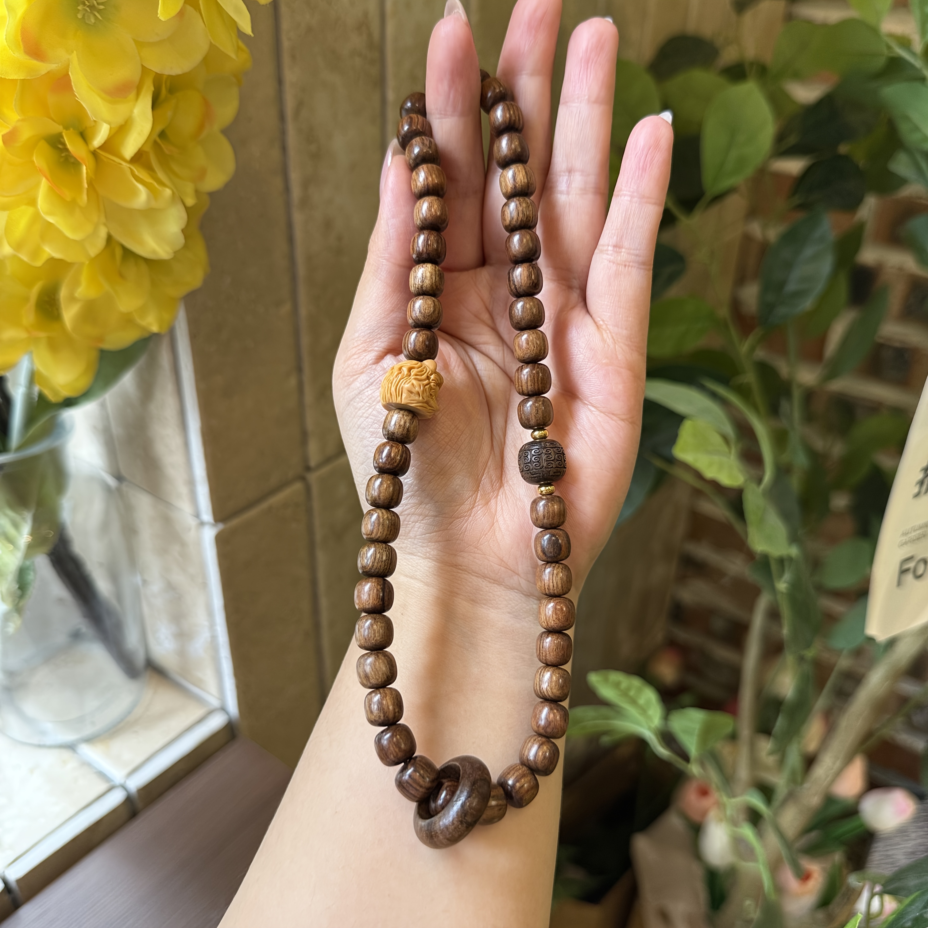 Natural Sandalwood Double Wrap Temple Bracelet with Guardian Lion Charm